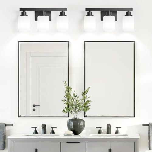 3-Light Bathroom Vanity Light,Modern Matte Black Bathroom Light Fixtures with Square Frosted Glass,Wall Sconces Lighting fixtures Over Mirror Restroom, Living Room Hallway - color: Black, size: 3-Light