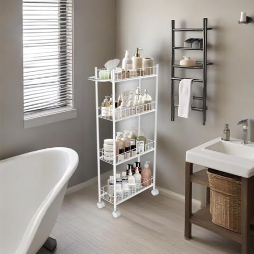 Utility Slim Storage Cart, 4-Tier Storage Cart, Narrow Cart with Handle, 7.1 Inches Deep, Metal Frame, for Kitchen, Dining Room, Living Room, Home Office, Rustic Brown and Classic (4 Tier White) - color: 4 Tier White