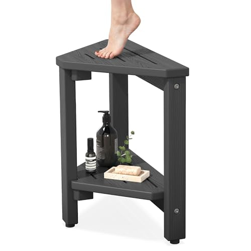 SERWALL 15" Shower Foot Rest for Shaving Legs, Waterproof Corner Shower Stool for Inside Shower, HDPE Shower Bench with Storage Shelf, Load 360Lbs, Indoor/Outdoor Use, Grey - color: Grey