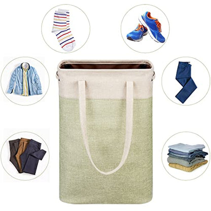 Laundry Basket with Handles Beige&Green Slim Laundry Bin Collapsible Dirty Clothes Basket Narrow Laundry Bag Foldable Dirty Hamper for Camping, Dorms, Apartments - color: Beig&Green