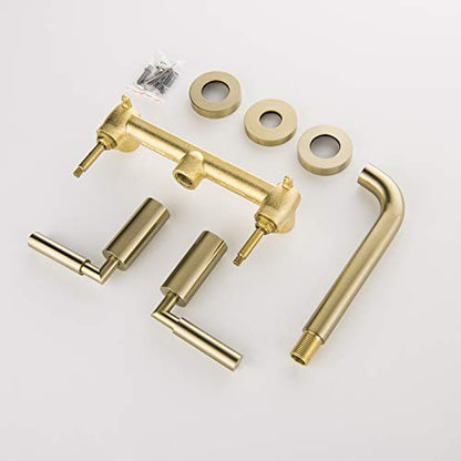 RBROHANT Brushed Gold Wall Mount Bathroom Faucet, Wall Mounted Sink Faucet, Dual Handle, Solid Brass, Rough-in Valve Included - color: Brushed Gold, style: Lever Handle