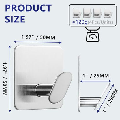 2"x 2" Adhesive Towel Hooks 4Pack Heavy Duty Wall Hooks 15lb Max | No Drilling Sticky Hanger for Bathroom Shower Kitchen RV Dorm Apartment, Waterproof Rustproof Stainless Steel Brushed Nickel - color: Sq- Brushed Nickel