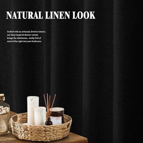 Linen Shower Curtain Black Boho Farmhouse 72" W x 84" L | Linen Fabric, Boho Farmhouse, Woven Texture, Natural Cloth, Elegant Drape, Washable, Shower Curtain for Bathroom Bathtub - color: Flax-black, size: 72"W x 84"L