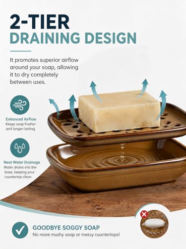 Miamolo Soap Dish with Draining, Bar Soap Holder Keeping Soap Bars Dry | 2-tier Tray Catch Drips, Mess-Free, Non-Slip Base | for Shower Bathroom Bathtub | Sponge Holder Kitchen Sink | Gift, Brown - color: Brown