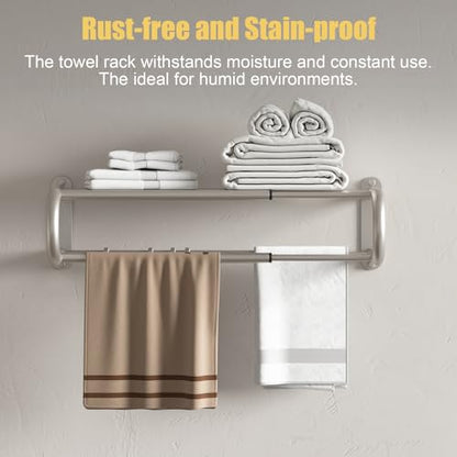 Adjustable Bathroom Towel Rack with Shelf, Towel Bar, Nickel | 15-25 Inch Lavatory Double Towel Bar, Hotel Style Rod with 4 Hooks, Multifunction Towel Holder Wall Mount, Stainless Steel - color: Nickel