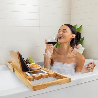 Utoplike Bamboo Bathtub Caddy Tray for Tub, Expandable Bath Table Trays | Adjustable, Bathroom Organizer with Book Tablet Stand, Wine Glass Cup, Towel Holder (24.5"-37.4") - color: 24.5-37.4 in