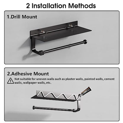 Wall Mount Paper Towel Holder with Shelf for Bathroom/Kitchen, Adhesive Hand Towel Holder, Matte Black - color: Black