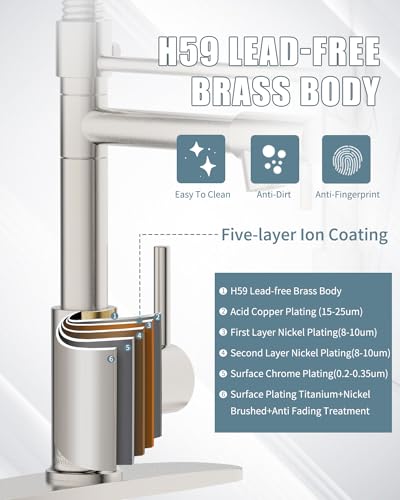 Kitchen Faucet with Soap Dispenser,Single Handle Faucet for Camper Farmhouse RV Kitchen Sink,Spring Kitchen Sink Faucets with Pull Down Sprayer and Deck Plate,Dual Function Spray Head,Brushed Nickel - color: B.Nickel Brushed, style: 1.Faucet+Soap Dispense