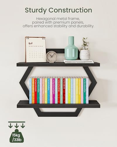 Hexagon Floating Shelves for Wall, Set of 2, 2 -Tier Hanging Shelves, Wall Mounted Storage Shelves, for Living Room, Bedroom, Kitchen, Home Office, Study, Black TBJ06P2BB - color: Black