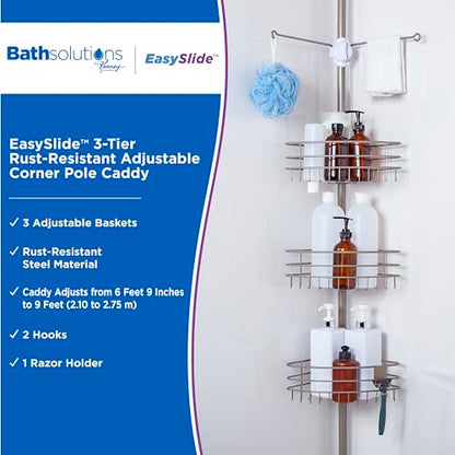 Kenney KN614128 Easy Slide Adjustable Height (6' 9"-9') Spring Tension Metal Corner Pole Shower Caddy with 3 Adjustable Rust-Resistant Basket Shelves, Towel Bars, and Razor Holders, Brushed Nickel