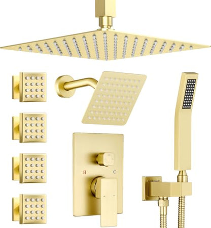 Dual Rainfall Head Shower System with 4 Body Jets, JetsBath Shower Faucet Set Double Shower Head 6-Inch Shower & 12” Rain Shower, Luxury Brushed Gold Shower Faucet Set Tandem Shower Head System - color: Brushed Gold