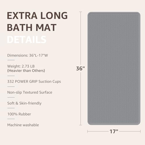 OTHWAY Bathtub Mat Non Slip, Extra Long Rubber Bath Mat for Tub, Machine Washable Shower Anti Slip Mat with 332 Strong Suction Cups (Grey, 36" x 17") - color: Grey, size: 36" x 17" (Rectangular)