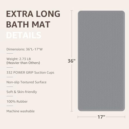 OTHWAY Bathtub Mat Non Slip, Extra Long Rubber Bath Mat for Tub, Machine Washable Shower Anti Slip Mat with 332 Strong Suction Cups (Grey, 36" x 17") - color: Grey, size: 36" x 17" (Rectangular)