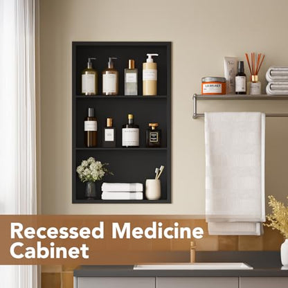 14x24 Recessed Medicine Cabinet, Bathroom Wall Cabinet, 304 Stainless Steel Recessed Wall Niche with 3-Tiers Shelves, Matte Black - color: Matte Black, size: 14'' x 24''