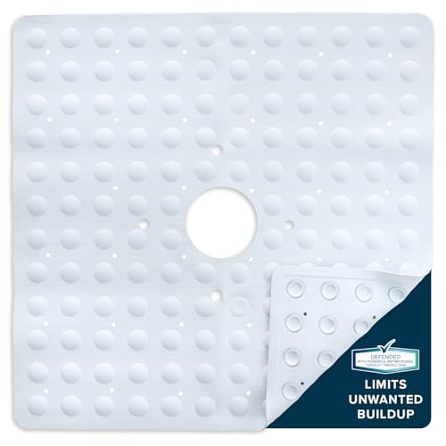 SlipX Solutions 21"x21" Mildew Resistant Non Slip Shower Stall Mat, White | Soft Durable Rubber Underfoot, Product Protection, 140 Power Grip Suction Cups, Center Drain Hole - color: White