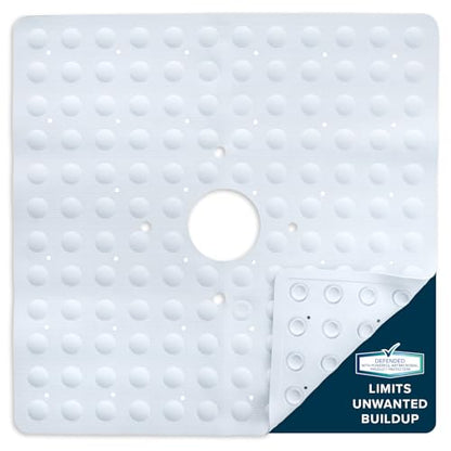 SlipX Solutions 21"x21" Mildew Resistant Non Slip Shower Stall Mat, White | Soft Durable Rubber Underfoot, Product Protection, 140 Power Grip Suction Cups, Center Drain Hole - color: White