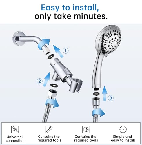 G-Promise Shower Head with Metal Shower Holder and Long Hose | High Pressure, Solid Brass Holder, 6 Spray Settings, 70" to 75" Stainless Steel Hose, Adjustable Angle, Easy DIY - color: Chrome