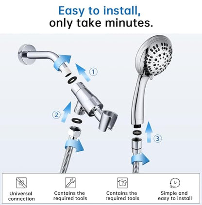 G-Promise Shower Head with Metal Shower Holder and Long Hose | High Pressure, Solid Brass Holder, 6 Spray Settings, 70" to 75" Stainless Steel Hose, Adjustable Angle, Easy DIY - color: Chrome