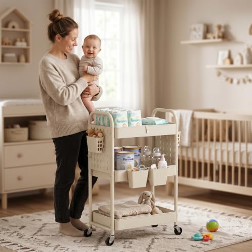 3 Tier Rolling Cart with Retractable Dividers, Multi-Functional White Rolling Utility Cart with Pegboards, Hooks & Hanging Cups for Nursery, Living Room, Studio - color: Beige