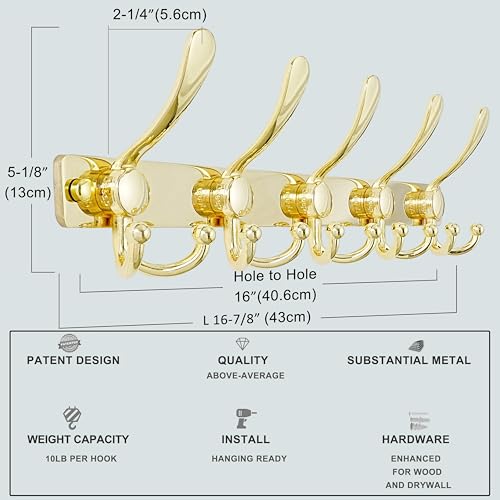 Coat Rack Wall Mount, Heavy Duty 12-Gauge Base vs Flimsy 1mm, Double-Thick Solid Anti-Snap Hooks, 16” Stud-Mount, Stainless Steel Hanger for Clothes Hat Entryway Closet, Gold, Pack of 2 - color: Gold, size: L=17" (2pcs)