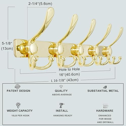 Coat Rack Wall Mount, Heavy Duty 12-Gauge Base vs Flimsy 1mm, Double-Thick Solid Anti-Snap Hooks, 16” Stud-Mount, Stainless Steel Hanger for Clothes Hat Entryway Closet, Gold, Pack of 2 - color: Gold, size: L=17" (2pcs)