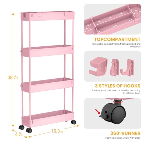 Slim Storage Cart 4 Tier,Bathroom Organizer Rolling Utility,Mobile Shelving Unit Slide Out for Office, Kitchen, Laundry Room & Narrow Places,Pink - color: Pink