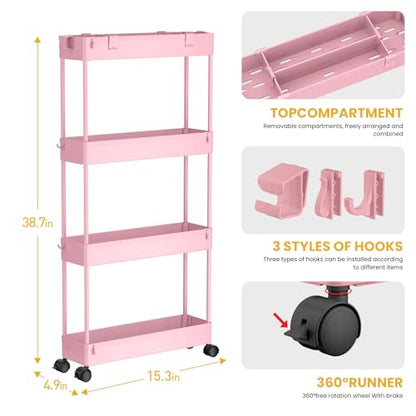 Slim Storage Cart 4 Tier,Bathroom Organizer Rolling Utility,Mobile Shelving Unit Slide Out for Office, Kitchen, Laundry Room & Narrow Places,Pink - color: Pink