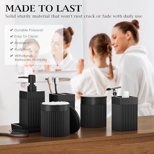 6-Piece Black Bathroom Set - Sleek Resin Organizer with Soap Dispenser, Toothbrush Holder, Vanity Tray, Tumbler & Apothecary Jars for Small Spaces - color: Black