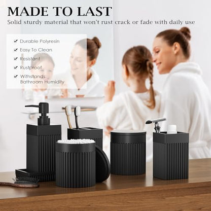 6-Piece Black Bathroom Set - Sleek Resin Organizer with Soap Dispenser, Toothbrush Holder, Vanity Tray, Tumbler & Apothecary Jars for Small Spaces - color: Black