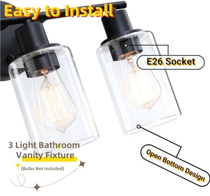 WISBEAM 3-Light Vanity Light Over Mirror, Black Bathroom Wall Light Fixtures with Clear Glass Shade Including E26 Medium Base, Bulb NOT Included - color: Black, size: VNT004