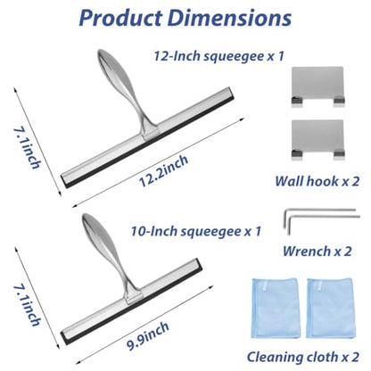 Shower Squeegees, 2-Pack Window Squeegees for Glass Doors with Wall Hook Holders and Microfiber Cloths, 10-inch and 12-inch Stainless Steel Squeegees for Bathroom Shower Door, Glass, Window Cleaning