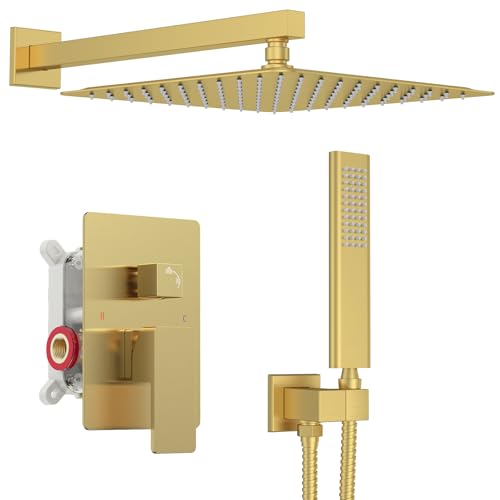 Iriber Brushed Gold Rain Shower System with 12 Inch Shower Head and Handheld shower Bathroom Wall Mounted Golden Shower Set Contain Shower Faucet Mixer Valve and Trim Kit (Valve Cartridge Included) - color: Brushed Gold 05
