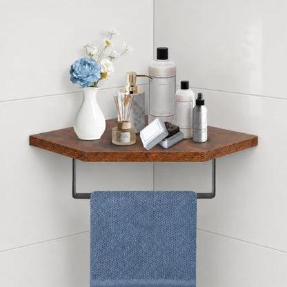 Hand Towel Holder/Towel Ring with Wooden Shelf, Hand Towel Rack, Hand Towel Hanger for Bathroom, Bath Accessories Wall Mounted, (Matte Black, 9.2"-Diamond Shaped) - size: 9.2"-Diamond Shaped