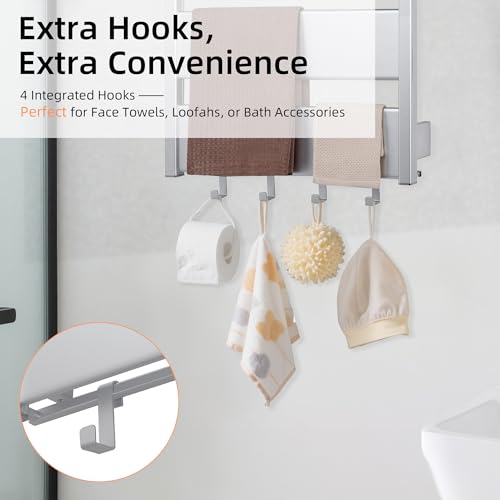 K&KALONZO Towel Warmer for Bathroom,Wall-Mounted Heated Towel Rack with Built-in Timer,Waterproof Alumnimum Electric Towel Heater, Support Plug-in and Hardwired, Sliver,H4-S