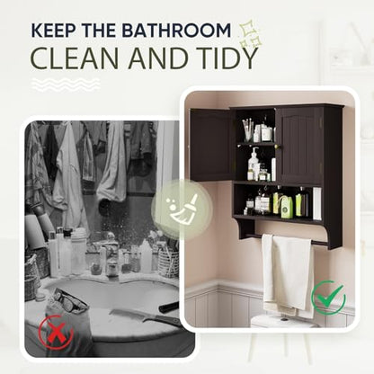 Smuxee Brown Wall Cabinet with Towel Bar - Medicine Cabinet with Adjustable Shelves, Over Toilet Cabinet for Laundry Room Kitchen - color: Brown Big With Towels Bar