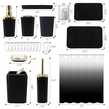 XLHOMO Bathroom Set - Black Bathroom Accessories Set, Bathroom Sets with Shower Curtain and Rugs, 24PC Shower Curtain Set with Hooks, Soap Dispenser, Soap Dish, Toilet Brush Holder and Trash Can - color: Gold and Black, size: Bathroom Set+Shower Curtain+B