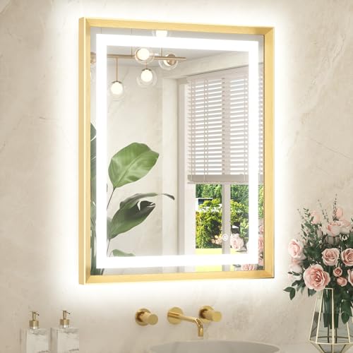 24 x 30 Bathroom Mirror Brushed Gold Metal Frame Frontlit & Backlit Vanity Mirror 3 Colors White/Warm/Natural Stepless Dimmable Anti-Fog Bathroom Mirrors for Vanity Wall-Mounted - color: Brushed Gold, size: 30"L x 24"W