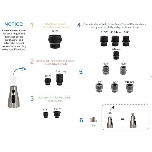 EcoKitchen5Stars Pull-Down Kitchen Faucet Head Replacement, 3-Function Sprayer, G1/2 Thread (13/16 in OD) with 15 Adapters, for Standard Threaded Hoses, Not for Magnetic Dock Faucets, Brushed Nickel - color: ‎Brushed Nickel