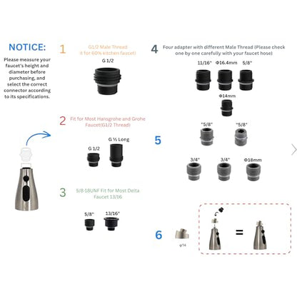 EcoKitchen5Stars Pull-Down Kitchen Faucet Head Replacement, 3-Function Sprayer, G1/2 Thread (13/16 in OD) with 15 Adapters, for Standard Threaded Hoses, Not for Magnetic Dock Faucets, Brushed Nickel - color: ‎Brushed Nickel
