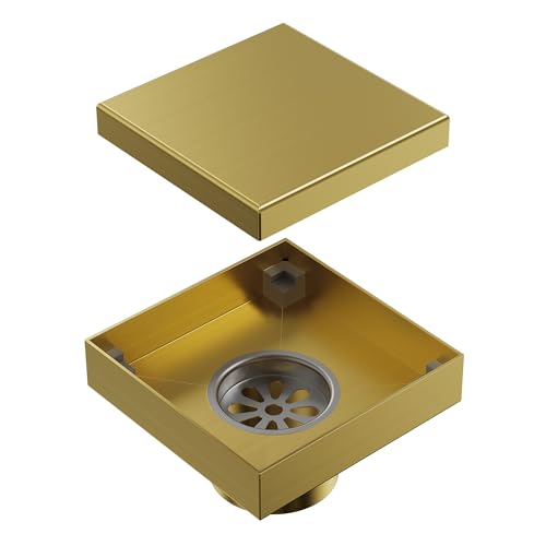 4 Inch Square Shower Floor Drain, SUS304 Stainless Steel with X-Shaped High Flow Channel, Anti-Clogging Hair Strainer, No Hub Required, Brushed Gold - color: Brushed Gold, size: 4