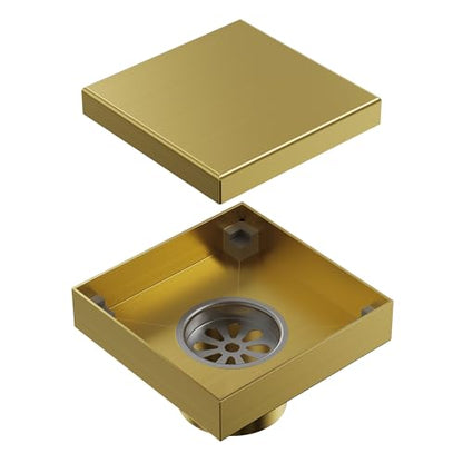 4 Inch Square Shower Floor Drain, SUS304 Stainless Steel with X-Shaped High Flow Channel, Anti-Clogging Hair Strainer, No Hub Required, Brushed Gold - color: Brushed Gold, size: 4