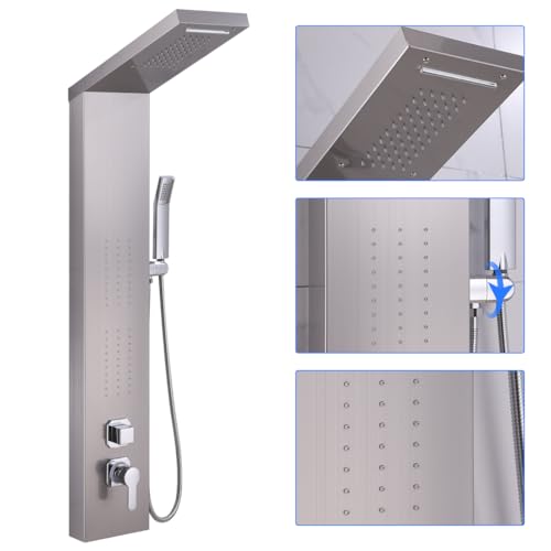ELLO&ALLO Rainfall Waterfall Shower Head Rain Massage System with Body Jets Stainless Steel Bathroom Shower Panel Tower System, Brushed Nickel - color: Brushed A