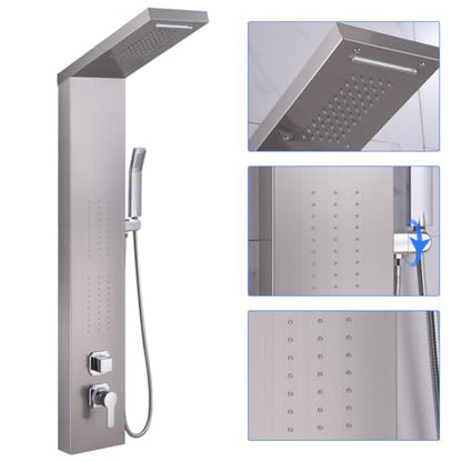 ELLO&ALLO Rainfall Waterfall Shower Head Rain Massage System with Body Jets Stainless Steel Bathroom Shower Panel Tower System, Brushed Nickel - color: Brushed A