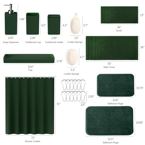 Green Bathroom Set, Dark Green Bathroom Accessories Set with Shower Curtain and Rugs, Bath Towel Sets, Natural Loofah Sponge, Soap Dispenser, Toothbrush Holder, Bathroom Tumbler and Tray for Bathroom - size: Bath Set+Shower Curtain+Rugs+Towel Set+2PCS Loo