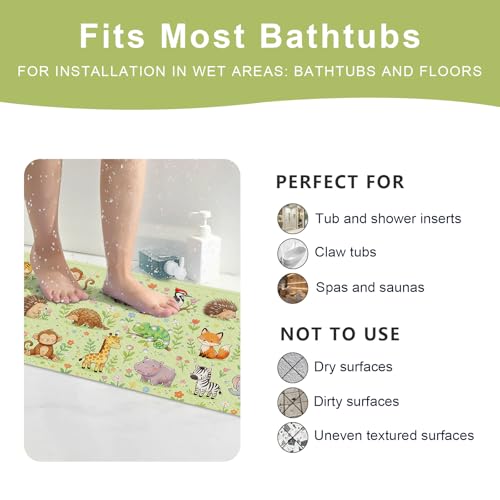 Baby Bath Mat for Tub Non Slip Kids, BPA Free Extra Long Bathtub Mat 40x16 with Drain Holes and 200 Suction Cups, Non Toxic Machine Washable Toddler Bath Mat, Eco-Friendly Certified - color: N-three Rows of Animals