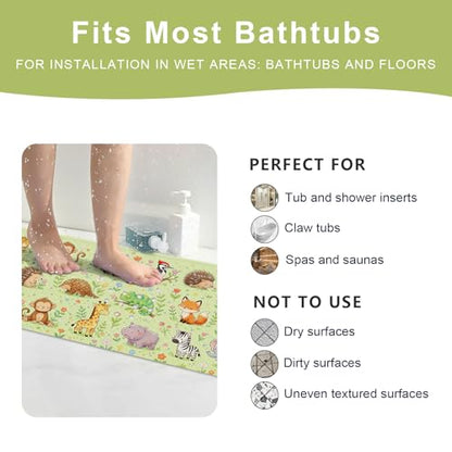 Baby Bath Mat for Tub Non Slip Kids, BPA Free Extra Long Bathtub Mat 40x16 with Drain Holes and 200 Suction Cups, Non Toxic Machine Washable Toddler Bath Mat, Eco-Friendly Certified - color: N-three Rows of Animals
