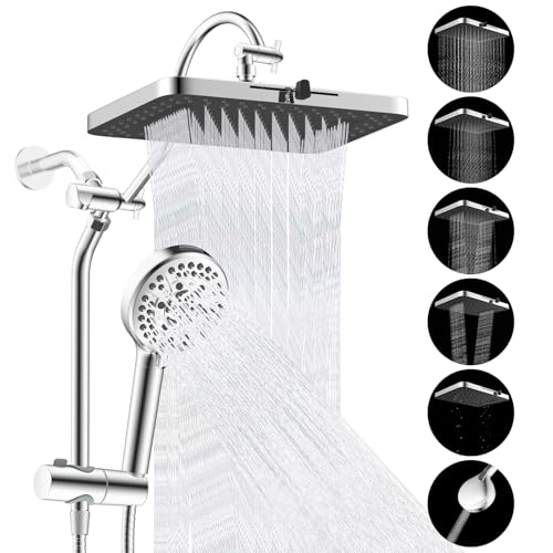 Hibbent Upgraded cUPC Certified 13'' Shower Head Combo, High Pressure 5 Spray Rainfall Showerhead with 10 Spray Modes Handheld, All Metal 3-way Diverter Shower Arm, 71'' Hose and Holder, Chrome - color: Chrome, style: Square 13"