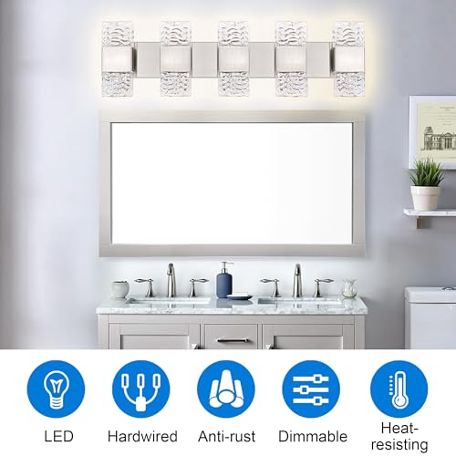 MELUCEE 30.3 in LED Bathroom Lighting Fixtures Brushed Nickel Dimmable 40W | LED Vanity Light Modern Bathroom Light Bar Crystal Wall Sconce for Bath Restroom Powder Room, 3000K Warm Lighting - color: Brushed Nickel, size: 5 Lights