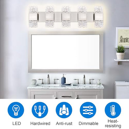 MELUCEE 30.3 in LED Bathroom Lighting Fixtures Brushed Nickel Dimmable 40W | LED Vanity Light Modern Bathroom Light Bar Crystal Wall Sconce for Bath Restroom Powder Room, 3000K Warm Lighting - color: Brushed Nickel, size: 5 Lights