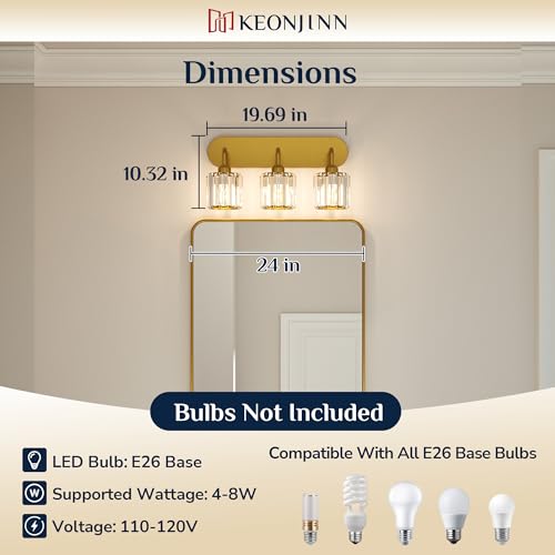 Keonjinn 3-Light Gold Bathroom Light Fixtures, Crystal Bathroom Vanity Lights Over Mirror, Gold Vanity Lighting Fixtures with Crystal Square Shades (E26 Base, Blub Not Included) - color: Gold, size: 3-Light
